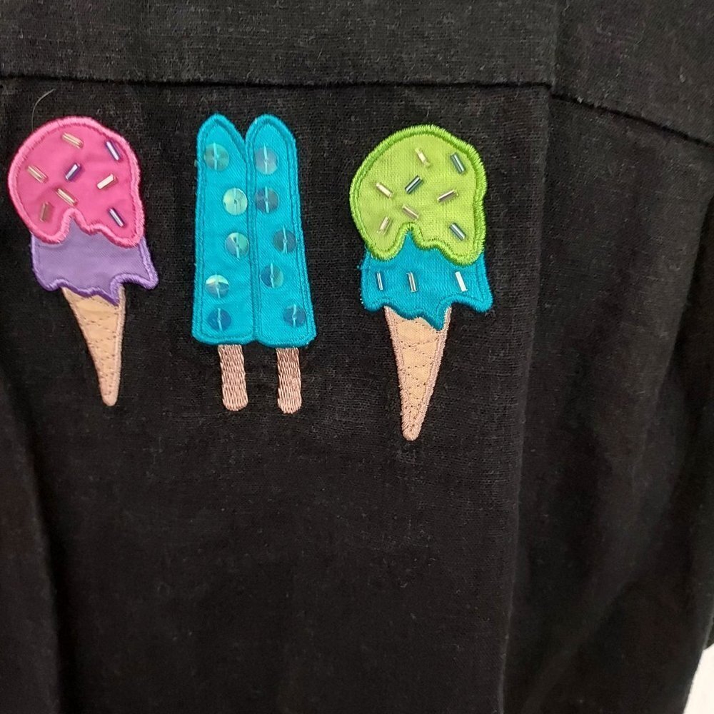 Vinta Quacker Factory Linen Blend Short Sleeve Black Ice Cream Embroidered Shirt - Picture 2 of 7